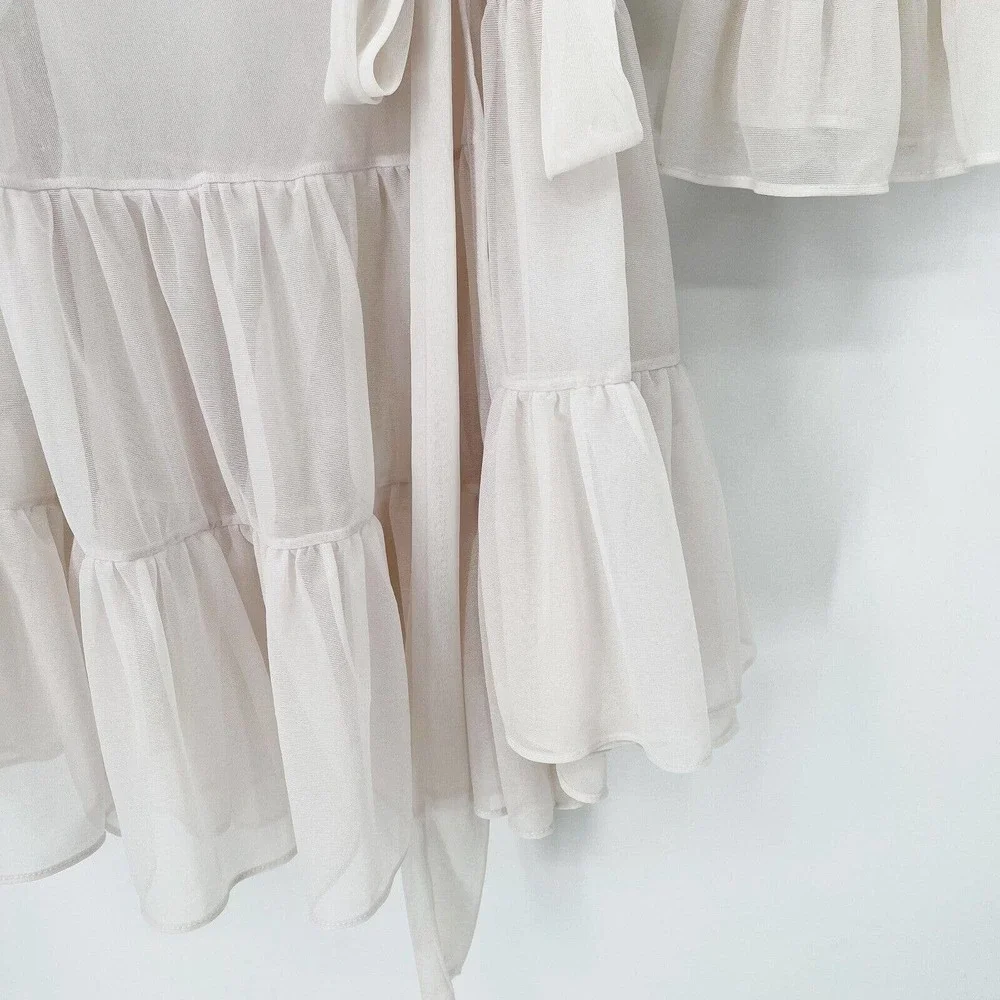 Betsey Johnson Chiffon Sheer Tiered Ruffle Wrap Robe OS V-Neck Sash Tie Belt - Picture 3 of 12
